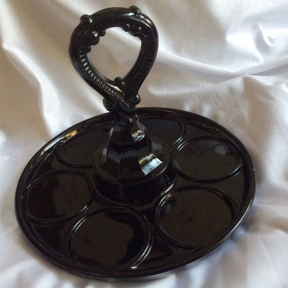 Vtg 1950s Black Glass Cosmetic or Jelly Spice Jars Center Handle Tray Cuddy - Picture 2 of 5